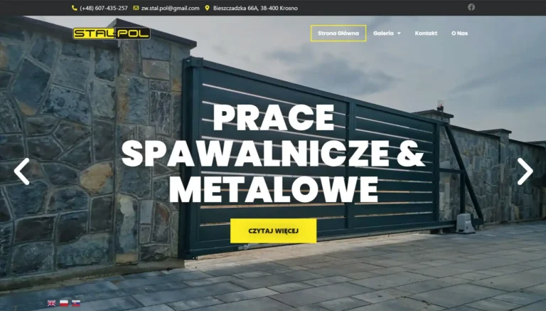 Zrzut ekranu strony STAL-POL - nagłówek Prace spawalnicze i metalowe z metalową bramą
