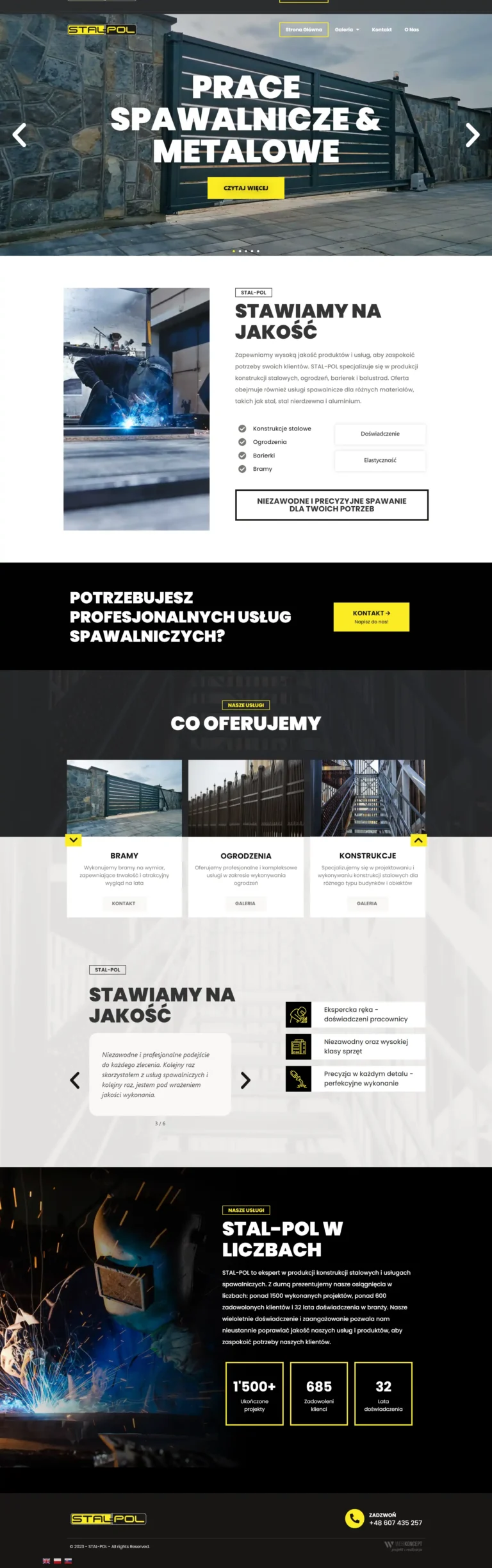 Zrzut ekranu całej strony głównej STAL-POL - od nagłówka przez ofertę i opinie po sekcję w liczbach