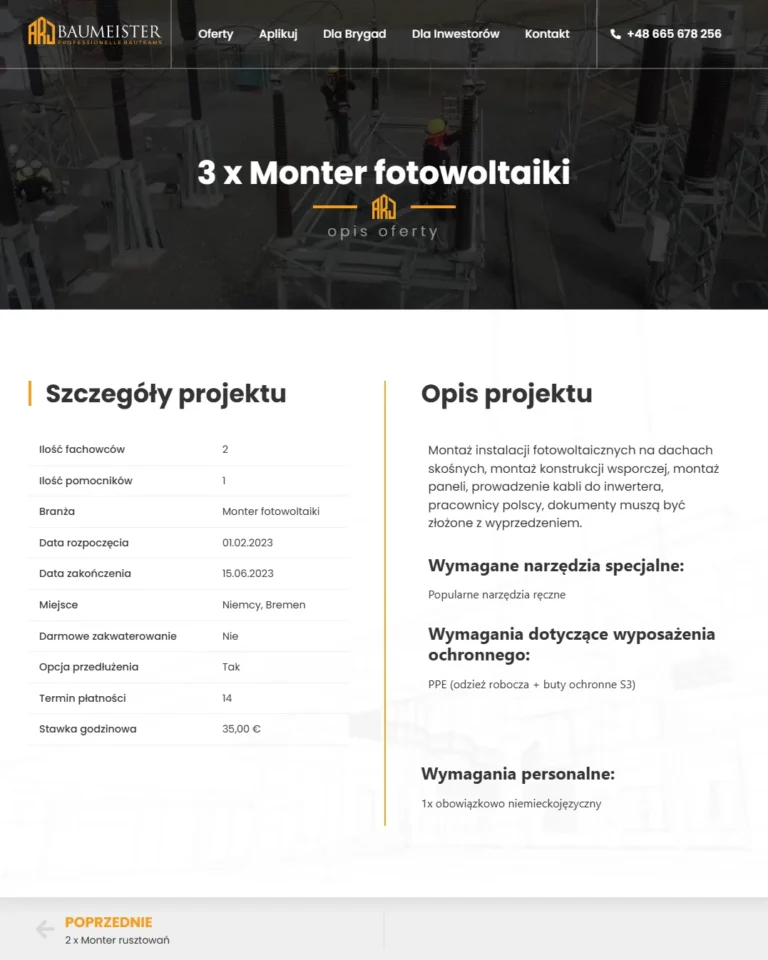 Zrzut ekranu strony ARJ Baumeister - szczegóły oferty pracy dla montera fotowoltaiki