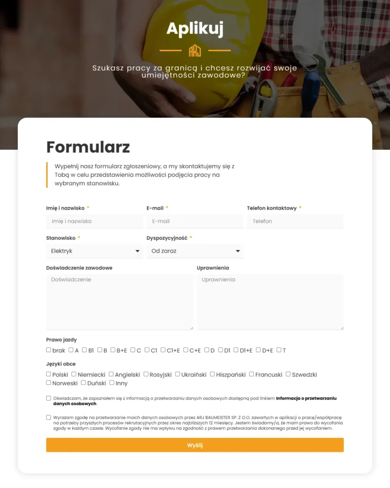 Zrzut ekranu strony ARJ Baumeister - formularz Aplikuj dla kandydatów szukających pracy za granicą
