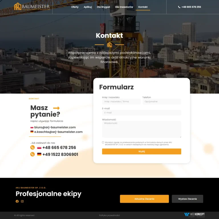 Zrzut ekranu strony ARJ Baumeister - sekcja kontaktu z formularzem i danymi kontaktowymi PL i DE