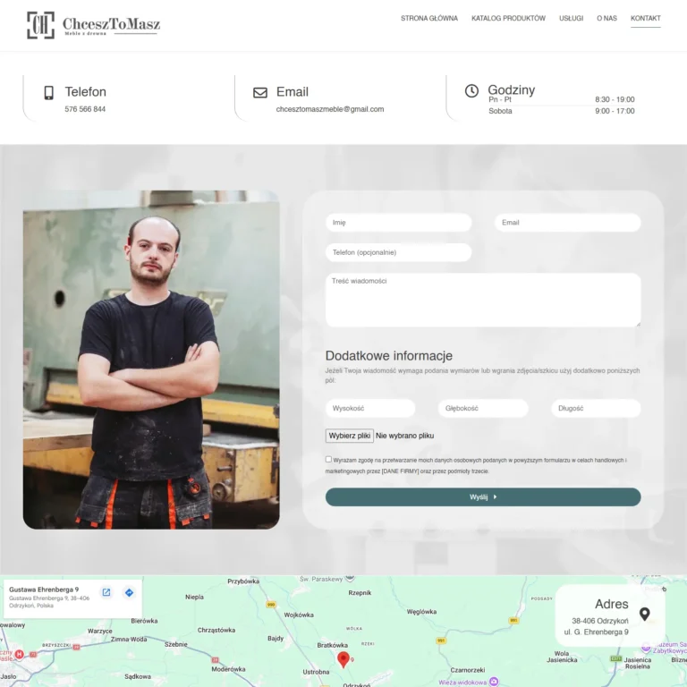 Zrzut ekranu strony ChceszToMasz - podstrona kontaktu z formularzem, danymi i mapą dojazdu