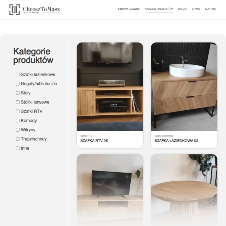 Zrzut ekranu strony ChceszToMasz - katalog produktów z kategoriami i siatką mebli