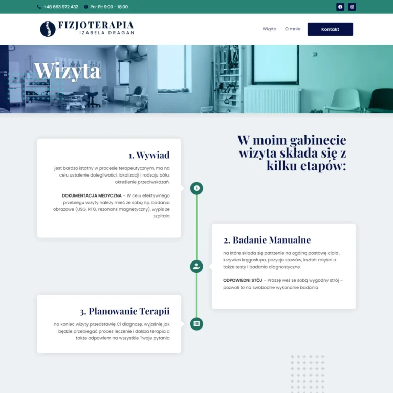 Zrzut ekranu strony gabinetu Izabeli Dragan - podstrona Wizyta z etapami: wywiad, badanie manualne, planowanie terapii