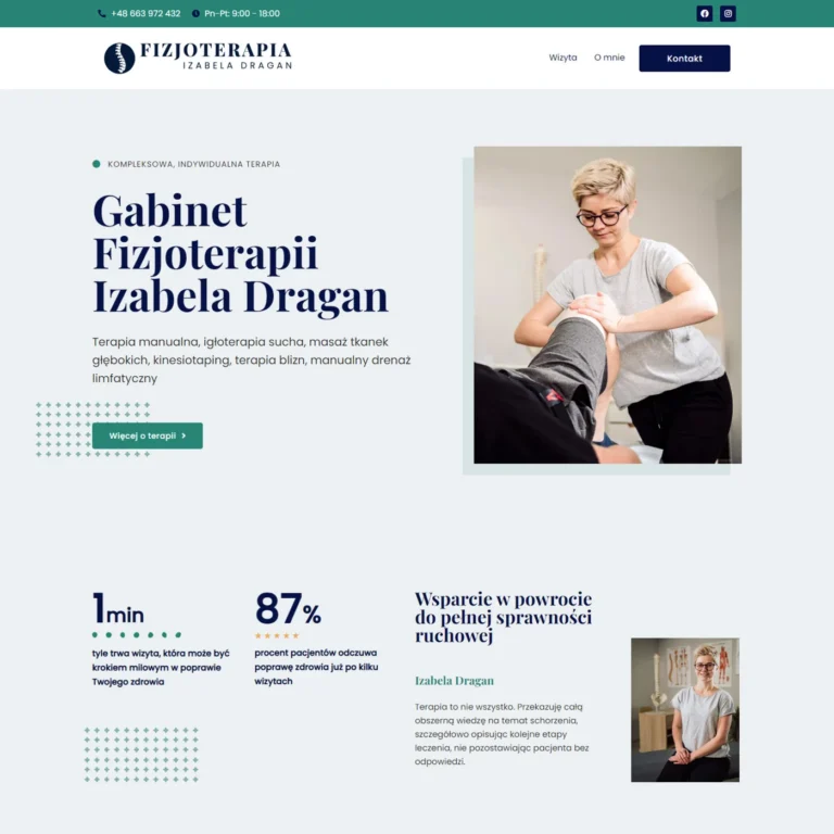 Zrzut ekranu strony głównej gabinetu fizjoterapii Izabeli Dragan z prezentacją terapii i statystykami