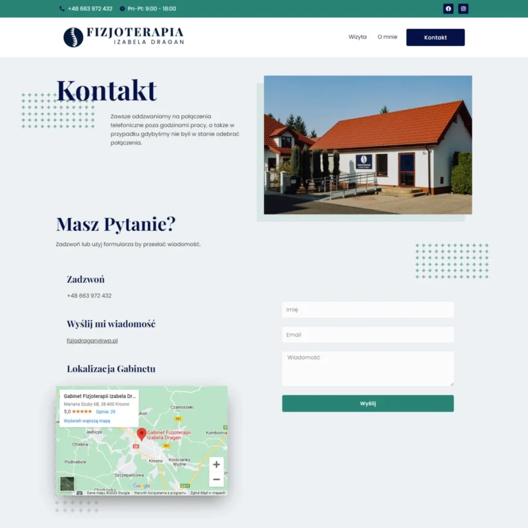 Zrzut ekranu strony gabinetu Izabeli Dragan - podstrona kontaktu z formularzem, mapą dojazdu i zdjęciem gabinetu