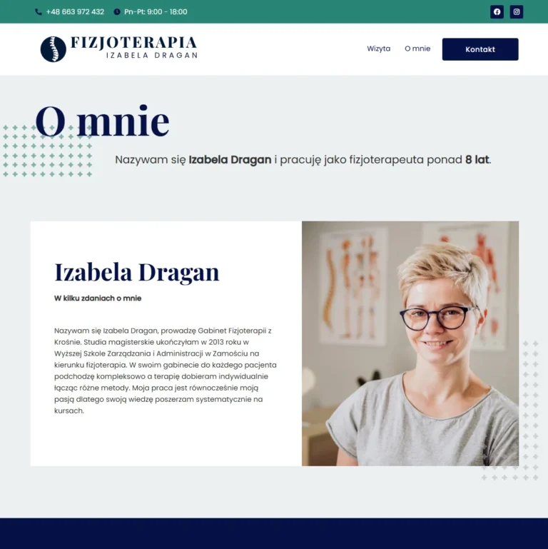 Zrzut ekranu strony gabinetu Izabeli Dragan - podstrona O mnie budująca zaufanie do specjalisty