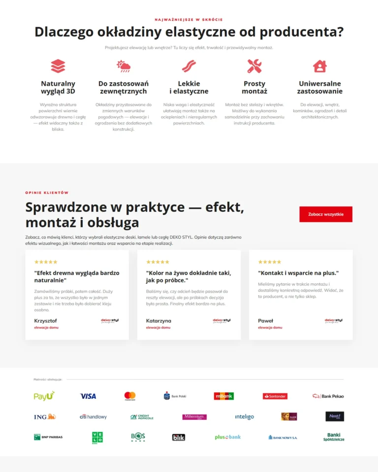 Zrzut ekranu sklepu DEKO-STYL - sekcja atutów okładzin od producenta oraz opinie klientów