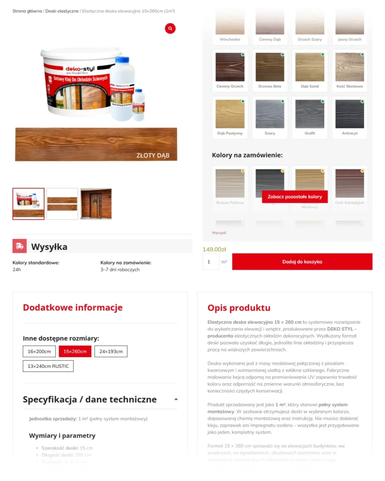 Zrzut ekranu sklepu DEKO-STYL - karta produktu elastycznej deski elewacyjnej z wariantami kolorów