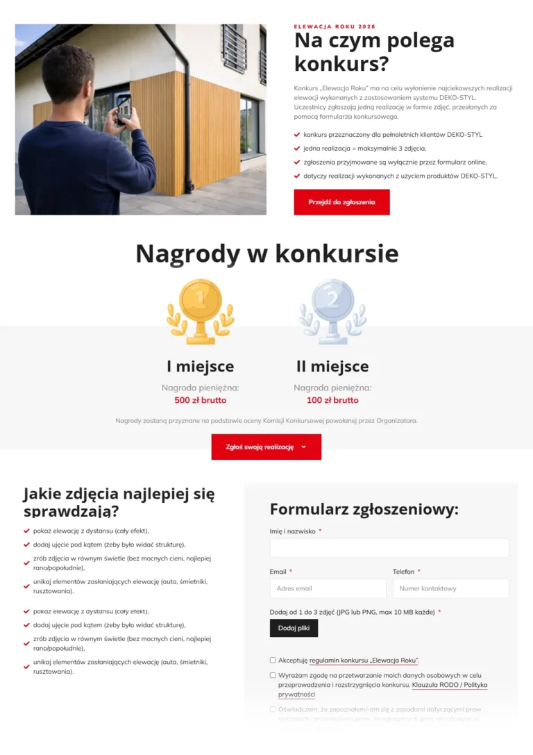 Zrzut ekranu sklepu DEKO-STYL - strona konkursu Elewacja Roku z nagrodami i formularzem zgłoszeniowym