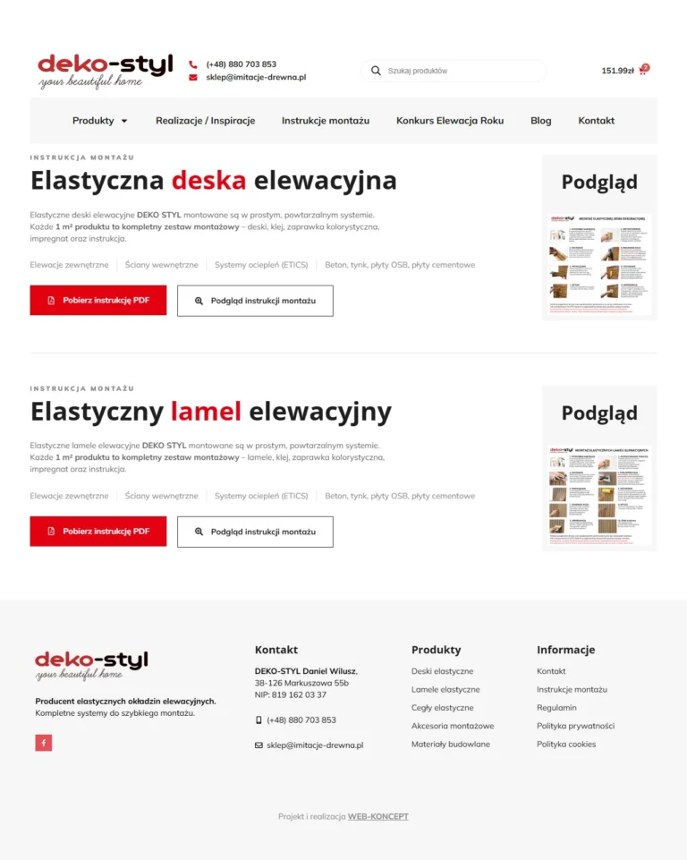 Zrzut ekranu sklepu DEKO-STYL - strona z instrukcjami montażu deski i lamela elewacyjnego