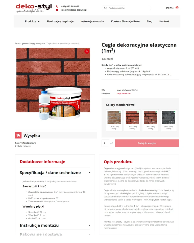 Zrzut ekranu sklepu DEKO-STYL - karta produktu cegły dekoracyjnej elastycznej z wariantami kolorów