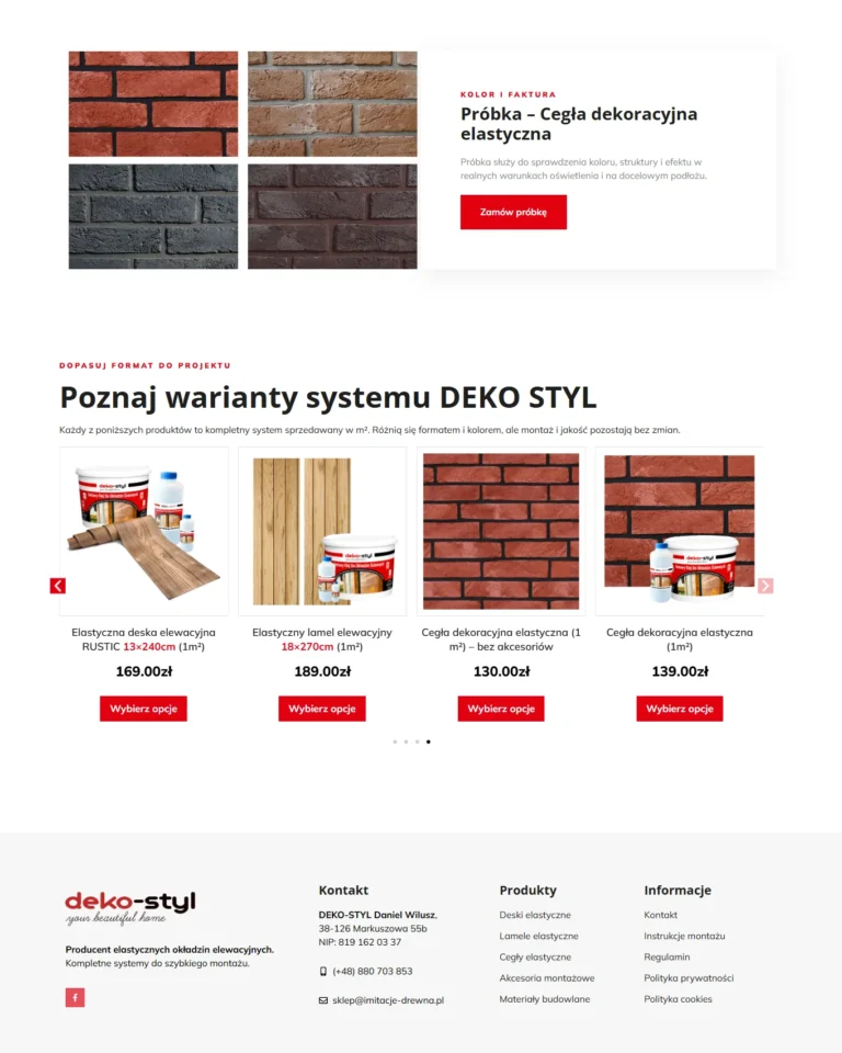 Zrzut ekranu sklepu DEKO-STYL - próbka cegły dekoracyjnej i sekcja wariantów systemu DEKO STYL