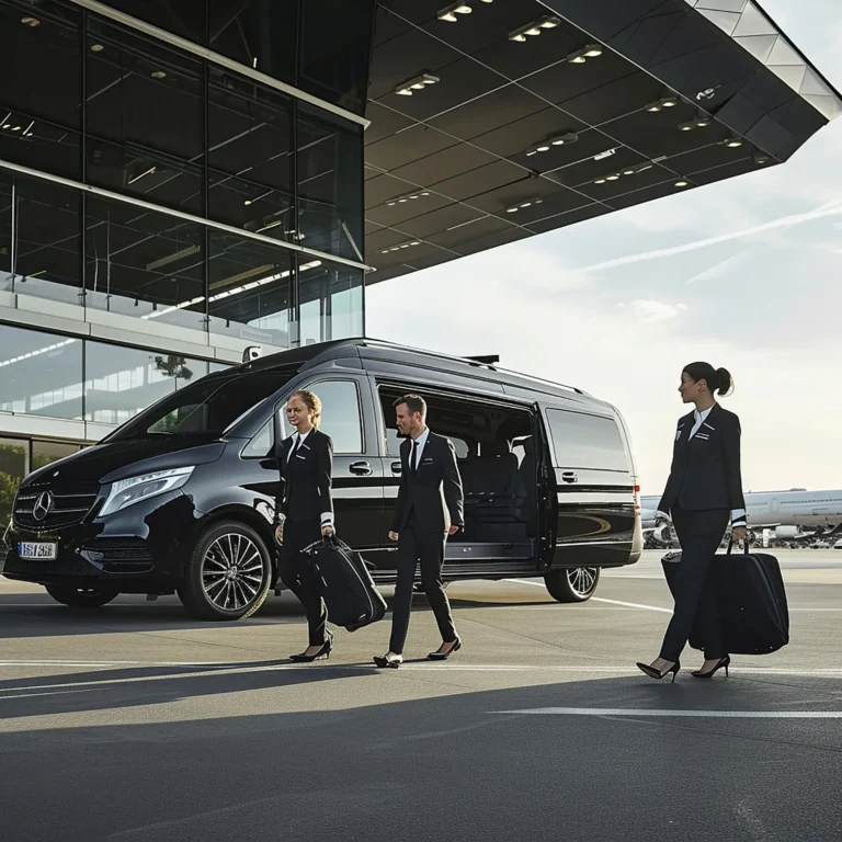 Premium transfer lotniskowy - czarny van Mercedes i obsługa w garniturach przed terminalem, realizacja LUX Parking Premium