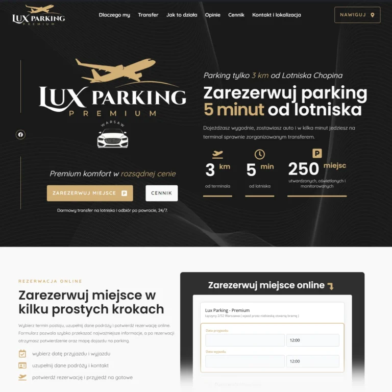 Zrzut ekranu strony Lux Parking Premium - sekcja główna z hasłem o parkingu 5 minut od lotniska i statystykami