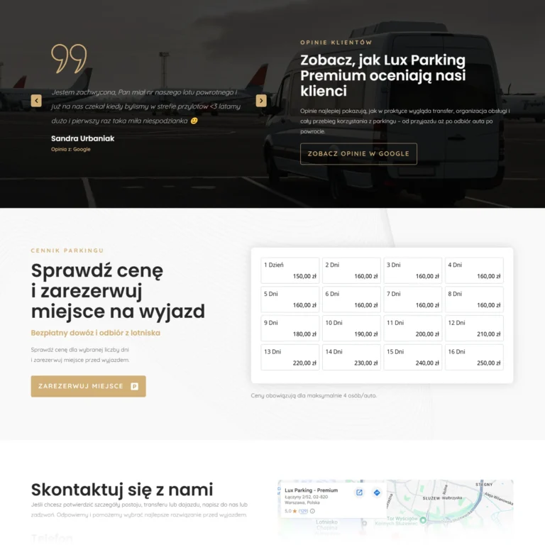 Zrzut ekranu strony Lux Parking Premium - opinie klientów, cennik parkingu i mapa dojazdu
