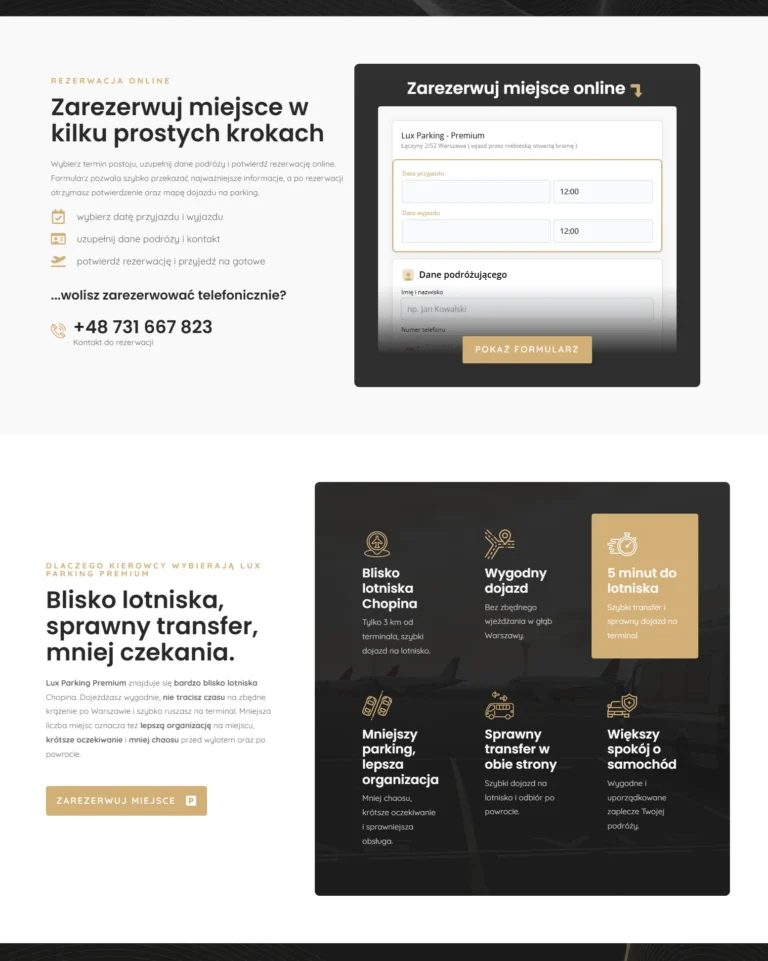 Zrzut ekranu strony Lux Parking Premium - rezerwacja online w prostych krokach i przewagi parkingu