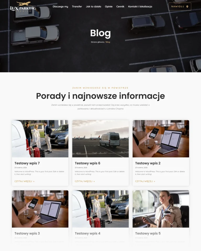 Zrzut ekranu strony Lux Parking Premium - sekcja bloga z poradami i aktualnościami