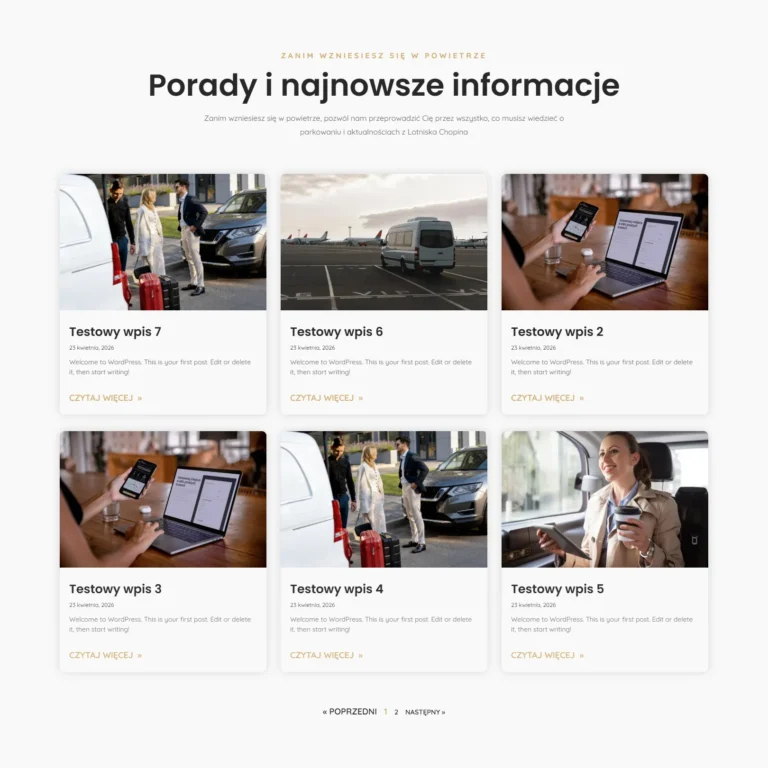 Zrzut ekranu strony Lux Parking Premium - lista wpisów na blogu z podziałem na strony