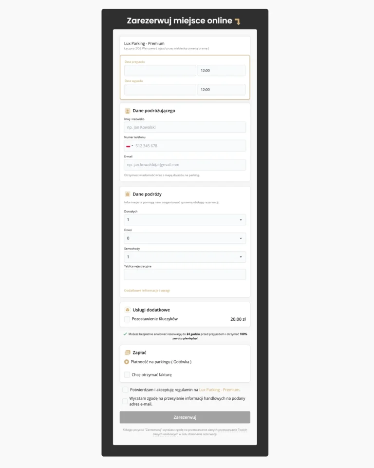 Zrzut ekranu formularza rezerwacji online Lux Parking Premium - wybór terminu, dane podróży i płatność