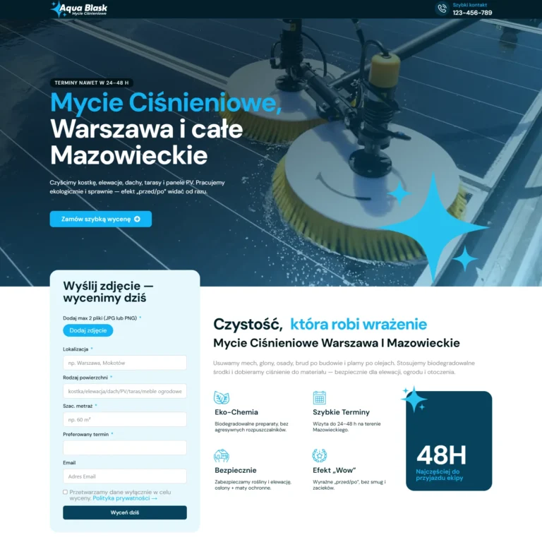 Zrzut ekranu strony Aqua Blask - hero z formularzem szybkiej wyceny