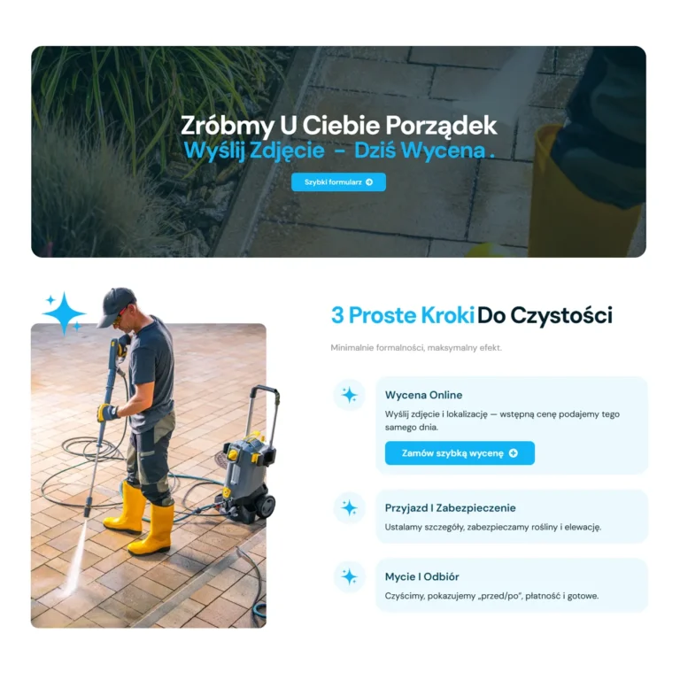 Zrzut ekranu strony Aqua Blask - CTA oraz proces wyceny w 3 krokach