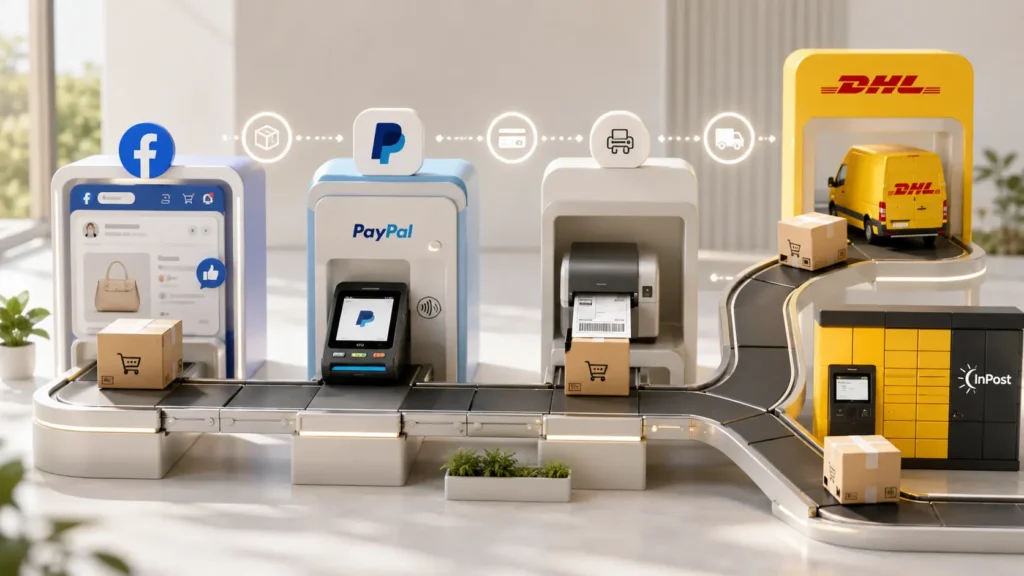 Miniaturowa linia procesu w sklepie internetowym z integracjami płatności PayPal, dostawy DHL i InPost oraz źródłem ruchu z Facebooka