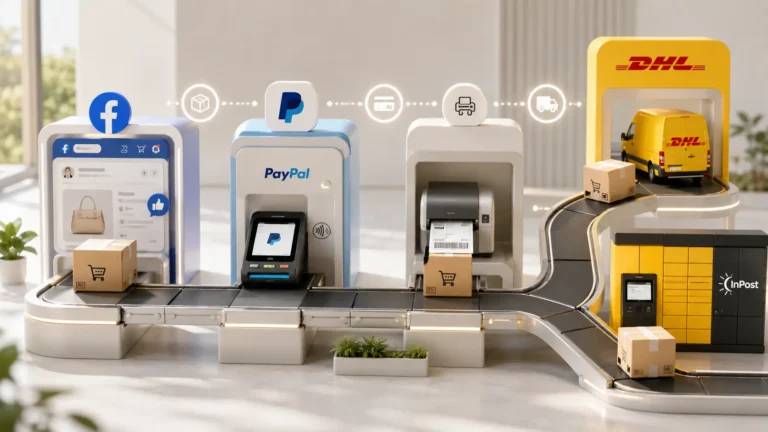 Miniaturowa linia procesu w sklepie internetowym z integracjami płatności PayPal, dostawy DHL i InPost oraz źródłem ruchu z Facebooka