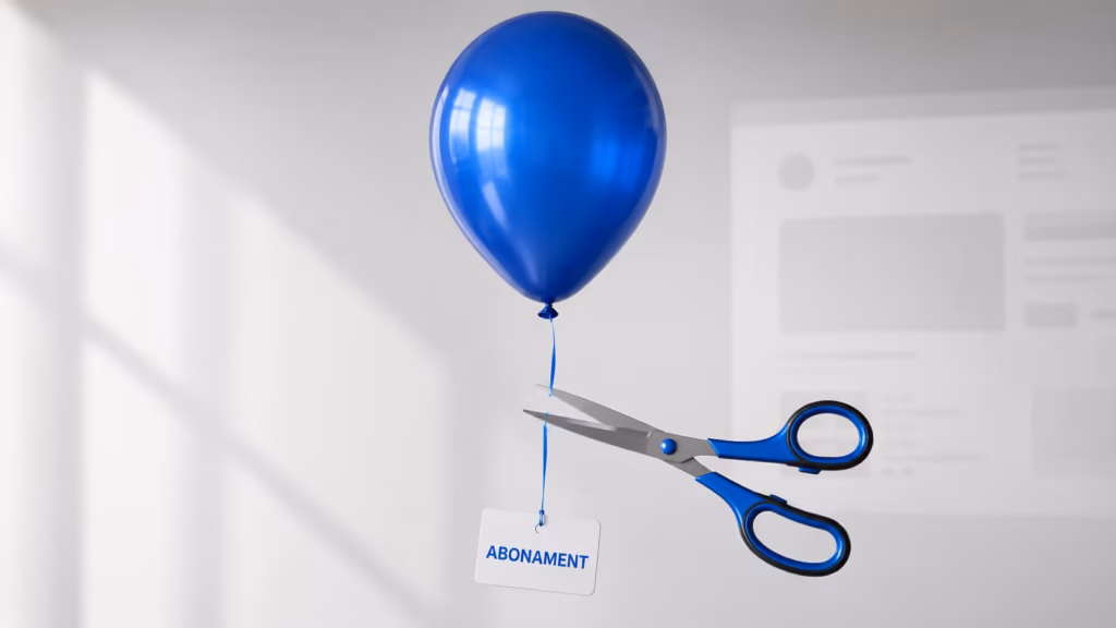 Niebieski balon i nożyczki odcinające linkę z etykietą abonament jako metafora strony internetowej bez abonamentu