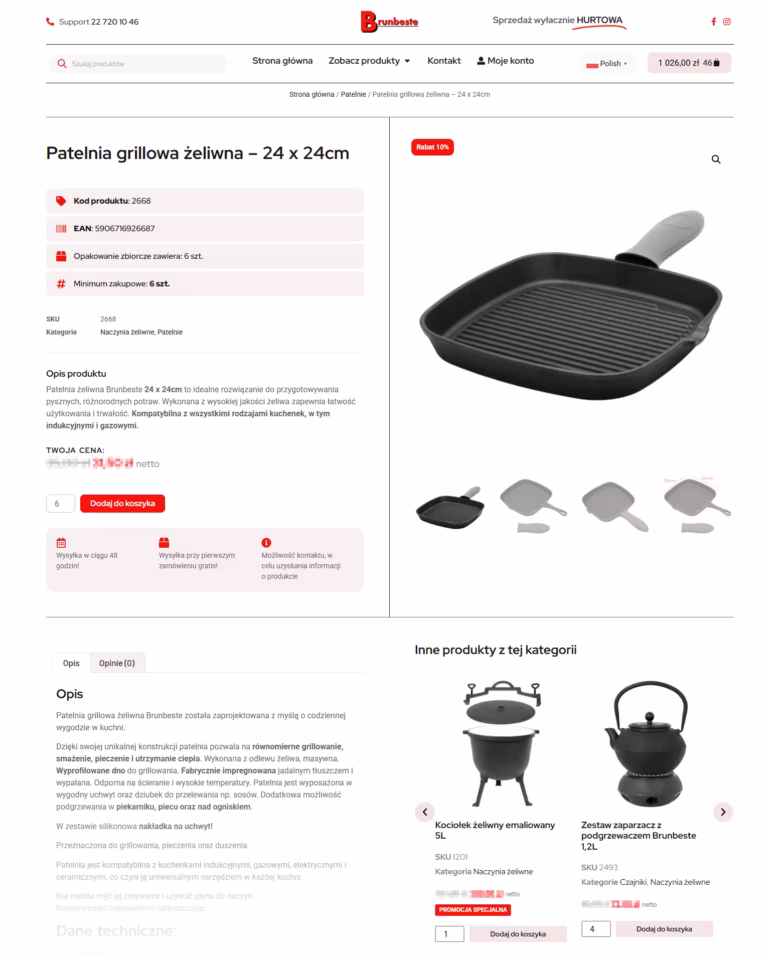 Zrzut ekranu karty patelni grillowej BRUNBESTE z ceną B2B i minimum zakupowym
