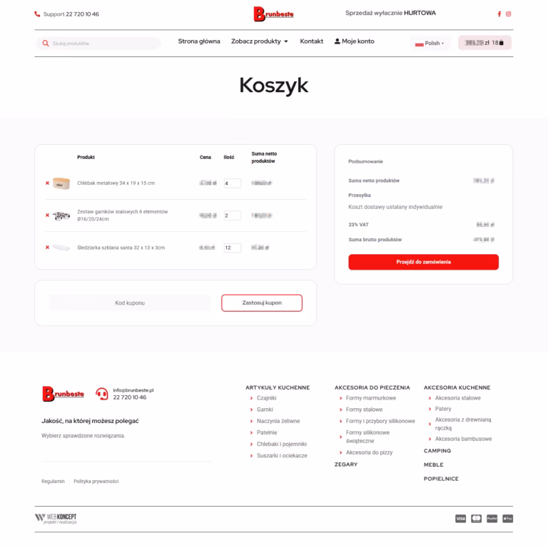Zrzut ekranu koszyka BRUNBESTE z produktami, ilościami i podsumowaniem zamówienia B2B