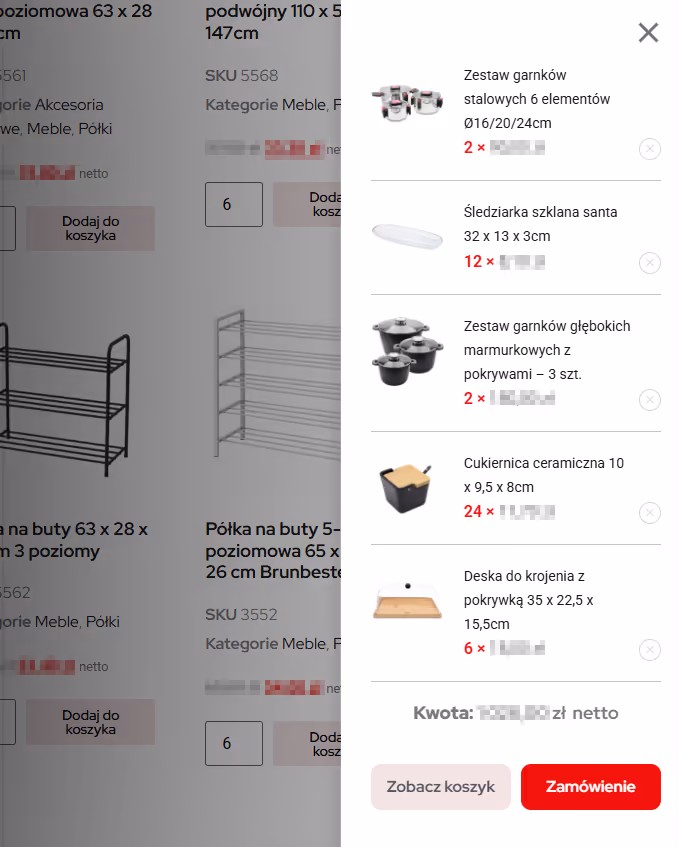 Zrzut ekranu mini-koszyka BRUNBESTE z produktami, ilościami i przejściem do zamówienia