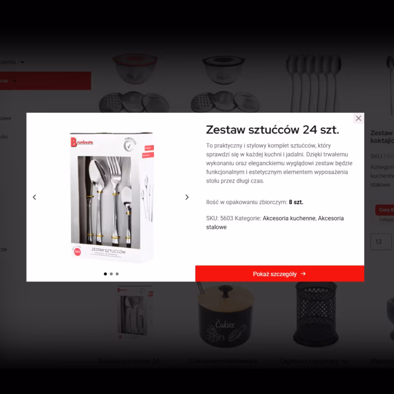 Zrzut ekranu podglądu zestawu sztućców w platformie B2B BRUNBESTE