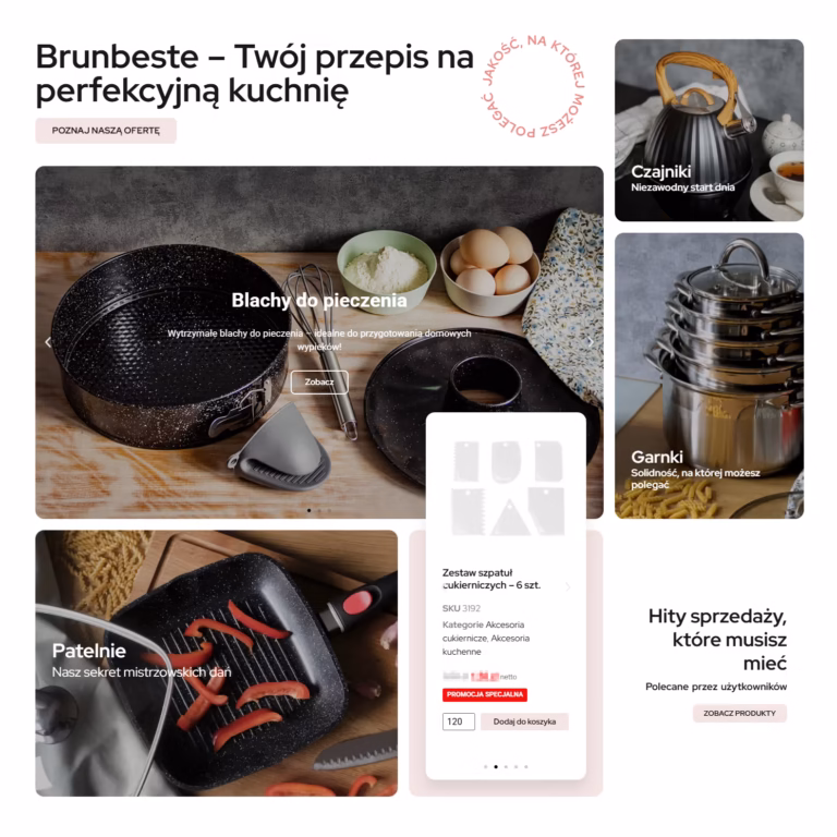 Zrzut ekranu strony głównej BRUNBESTE z ofertą akcesoriów kuchennych i kategoriami produktów