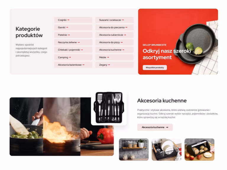 Zrzut ekranu strony głównej BRUNBESTE z kategoriami produktów i banerem szerokiego asortymentu