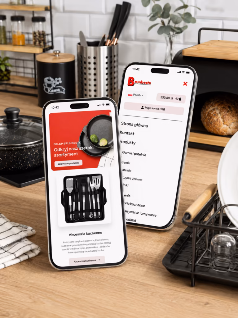 Grafika pokazująca mobilną wersję platformy B2B BRUNBESTE na dwóch smartfonach