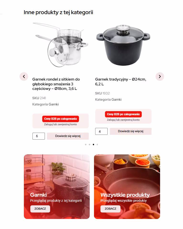 Zrzut ekranu sekcji innych produktów BRUNBESTE z kartami produktów i przejściem do kategorii