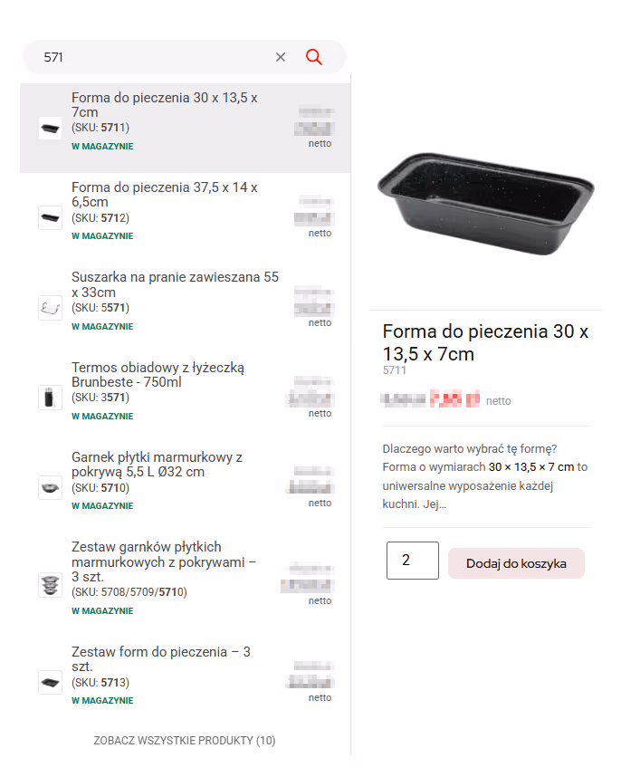 Zrzut ekranu wyszukiwarki produktów BRUNBESTE z wynikami, dostępnością i podglądem produktu