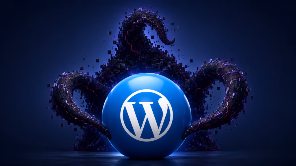 Cyfrowe macki obejmują niebieską kulę z logo WordPressa