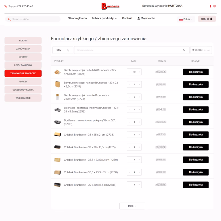 Zrzut ekranu platformy B2B BRUNBESTE z formularzem szybkiego i zbiorczego zamówienia produktów