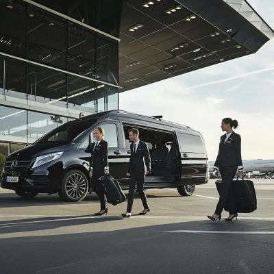 Premium transfer lotniskowy - czarny van Mercedes i obsługa w garniturach przed terminalem, realizacja LUX Parking Premium